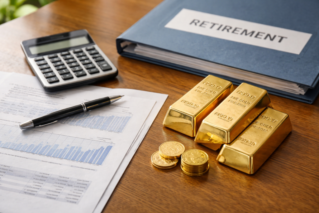 Gold and silver assets displayed beside retirement planning documents