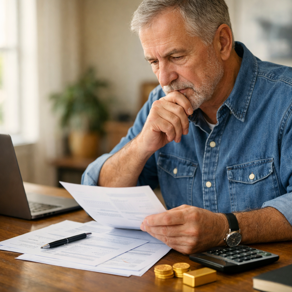 Person reviewing retirement savings while researching gold IRA rollover options